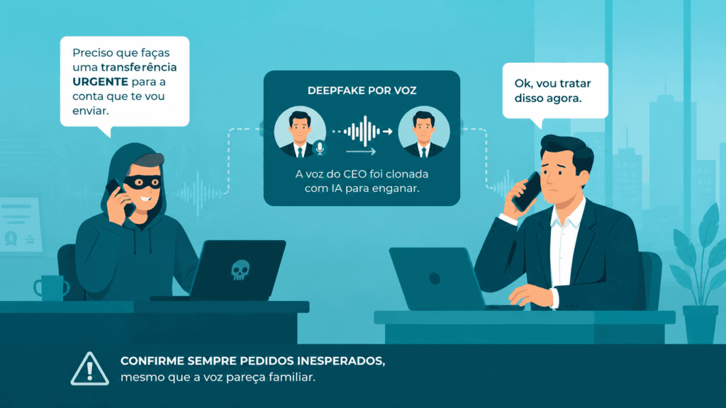 Um deepfake por voz é uma gravação sintética gerada por inteligência artificial que imita, com elevado grau de fidelidade, a voz de uma pessoa real: ritmo, entoação, sotaque, tiques de linguagem.
