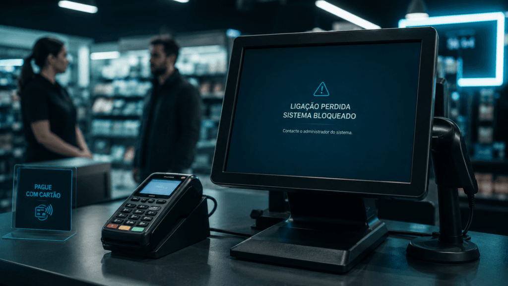 Caixa de loja de retalho com terminal de pagamento e ecrã de alerta de segurança