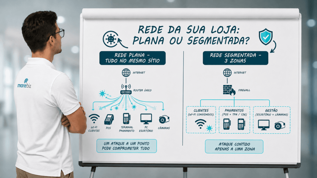 Diagrama de rede de loja plana contra rede segmentada com Wi-Fi, POS e pagamentos separados