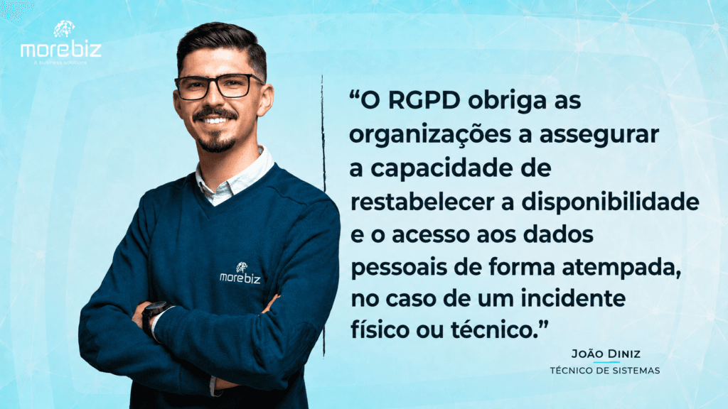 O RGPD é explícito. O artigo 32.º do Regulamento obriga as organizações a assegurar "a capacidade de restabelecer a disponibilidade e o acesso aos dados pessoais de forma atempada, no caso de um incidente físico ou técnico". Ficar sem acesso aos dados é, por si só, uma violação de dados — mesmo que ninguém os tenha roubado.